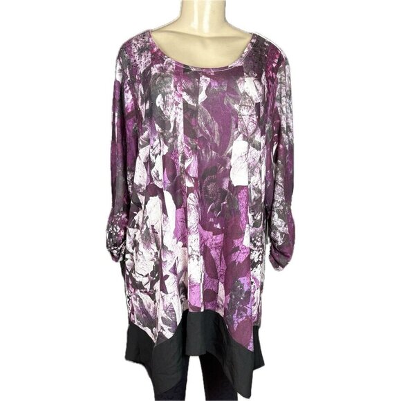 Style & Co +1X Purple Floral Scoop Neck Contrast Hemline 3/4 Ruched Sleeve Top - Picture 2 of 6